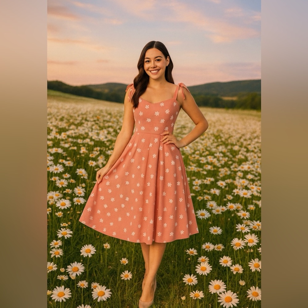Unique Vintage 50s Prairie Daisy Swing Dress in Powder Pink, Size Large, NWT! - Picture 14 of 16
